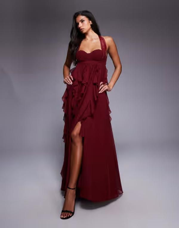 Long Sleeves, Three Quarter Sleeve Asos Luxe Halter Maxi Dress With Waterfall