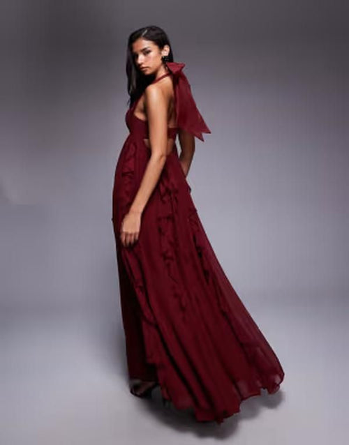 Long Sleeves, Three Quarter Sleeve Asos Luxe Halter Maxi Dress With Waterfall