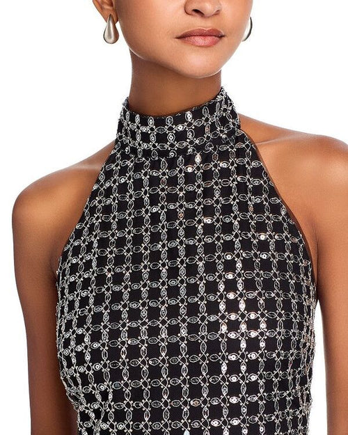 Long Sleeves, Three Quarter Sleeve Rotate Bead Halter Neck Dress Black
