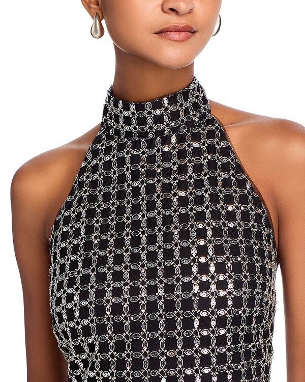 Long Sleeves, Three Quarter Sleeve Rotate Bead Halter Neck Dress Black