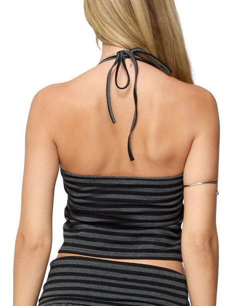 Long Sleeve Edikted Moria Striped Halter Top Black And Gray