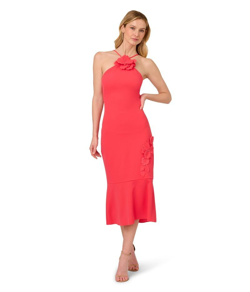 Long Sleeves, Three Quarter Sleeve Adrianna Papell 3D Flower Halter Midi Dress