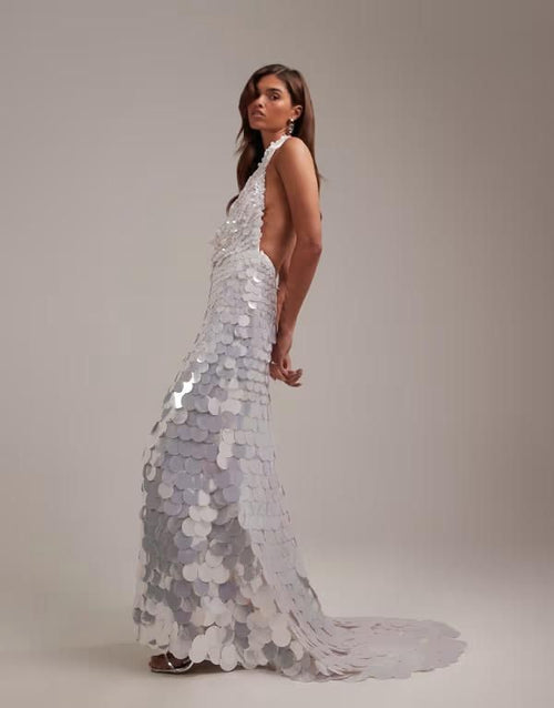 Others Asos Design Large Paillette Sequins Plunge Halter Neck Wedding Maxi