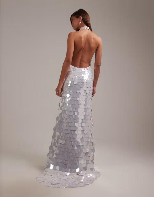 Others Asos Design Large Paillette Sequins Plunge Halter Neck Wedding Maxi
