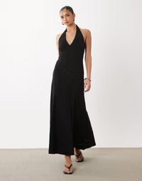 Asos Long Sleeves, Three Quarter Sleeve Design Broderie Halter Midi Dress Black