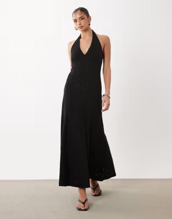 Asos Long Sleeves, Three Quarter Sleeve Design Broderie Halter Midi Dress Black