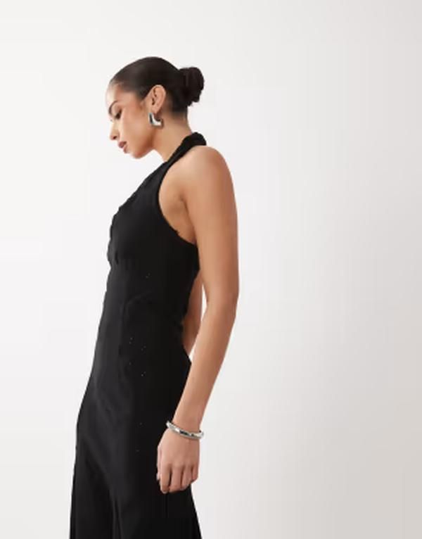 Asos Long Sleeves, Three Quarter Sleeve Design Broderie Halter Midi Dress Black