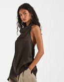 Long Sleeve Pieces Halter Neck Asymmetric Hem Satin Top In Chocolate Hot F