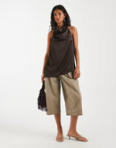 Long Sleeve Pieces Halter Neck Asymmetric Hem Satin Top In Chocolate Hot F