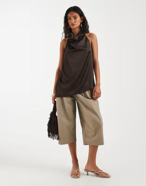 Long Sleeve Pieces Halter Neck Asymmetric Hem Satin Top In Chocolate Hot F