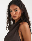 Long Sleeve Pieces Halter Neck Asymmetric Hem Satin Top In Chocolate Hot F