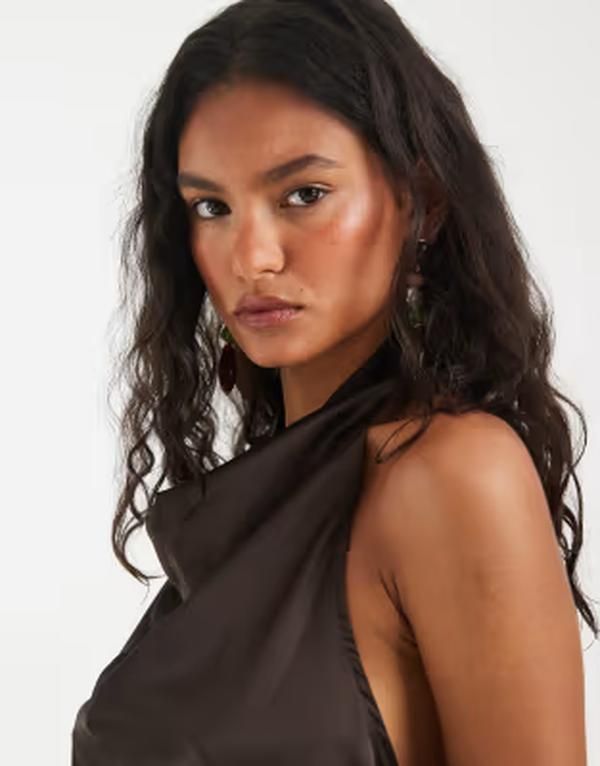 Long Sleeve Pieces Halter Neck Asymmetric Hem Satin Top In Chocolate Hot F