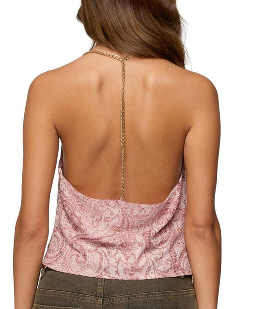 Long Sleeve Edikted Printed Halter Chain Cowl Neck Topink