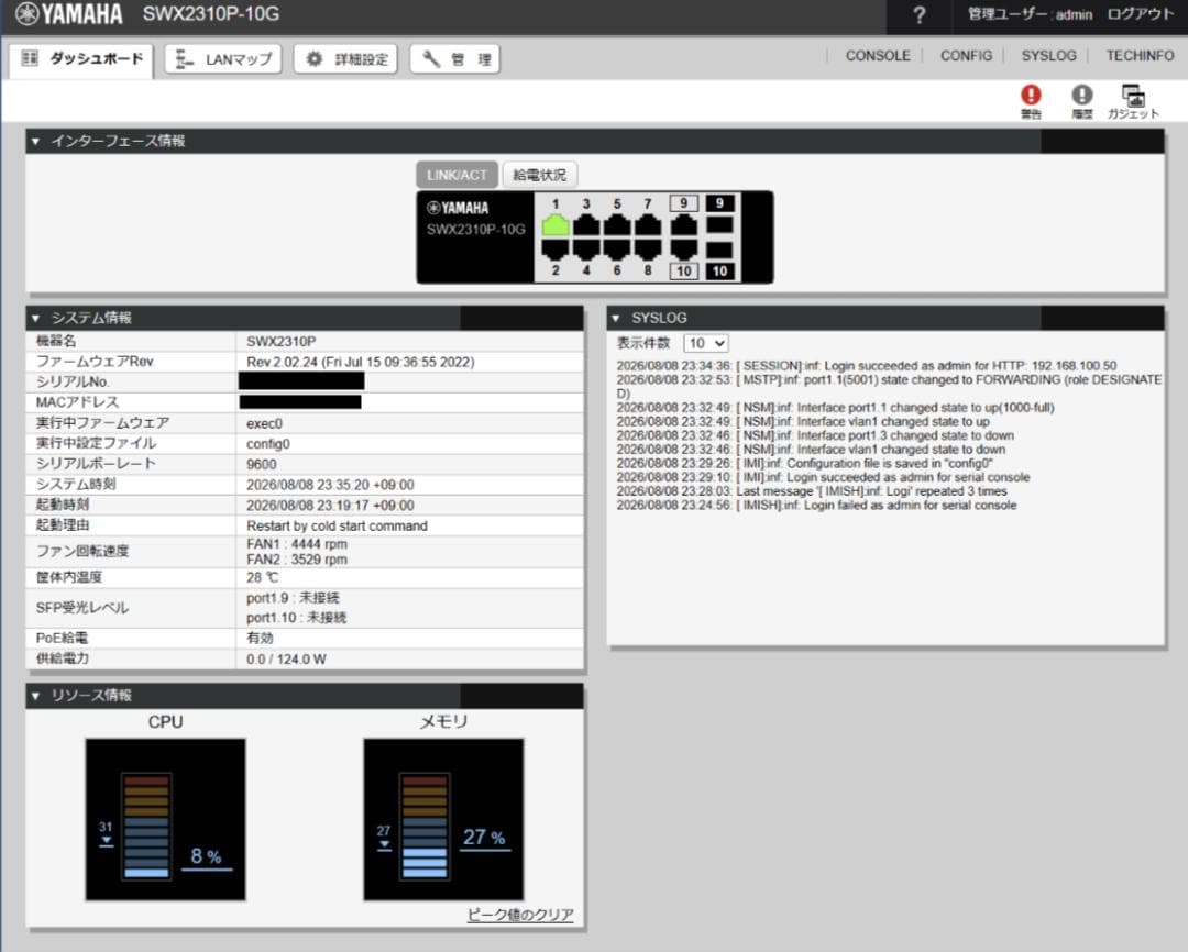 Yamaha Switching Hubs Swx2310P-10G Poe/10G,L2/L3