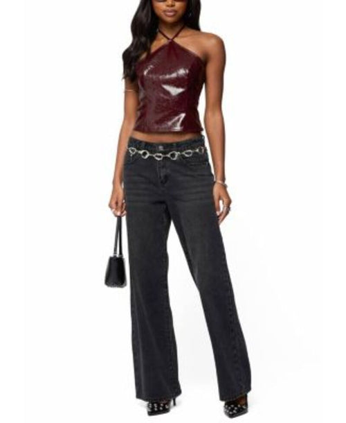 Long Sleeve Edikted Hailie Halter Top Burgundy