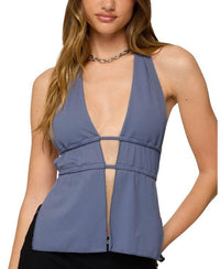 Long Sleeve Edikted Nikole Split Front Backless Halter Top Blue