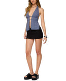 Long Sleeve Edikted Nikole Split Front Backless Halter Top Blue
