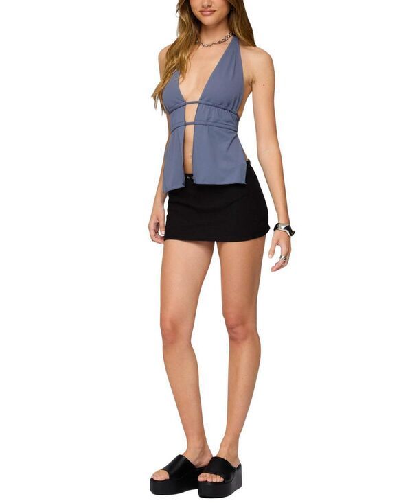Long Sleeve Edikted Nikole Split Front Backless Halter Top Blue