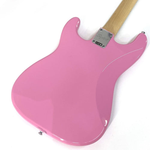 squier pink electric guitar rear view
