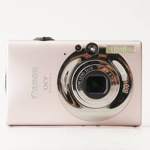 canon pink compact digital camera front view
